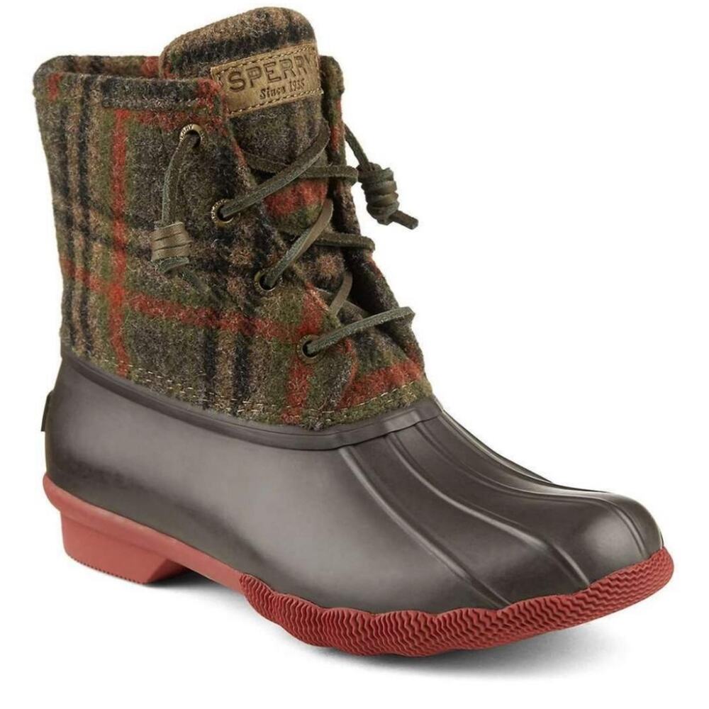 Sperry Saltwater Brown Plaid Duck Boots, Women's Size 7.5